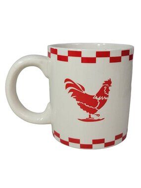 Rooster Mug Off White Red 4.5" Large Oversized Farm Chicken Checkerboard READ